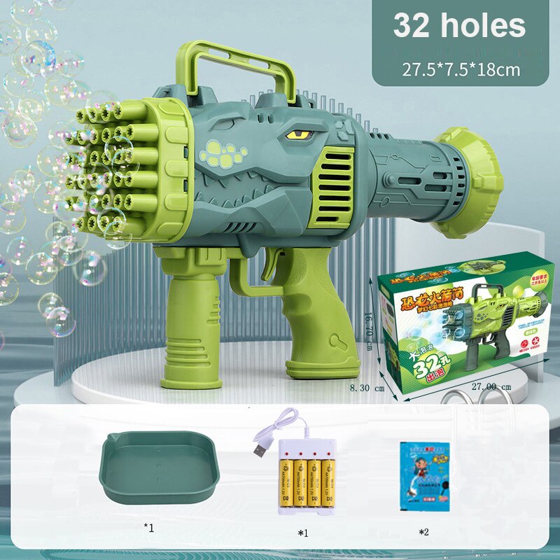 Dinosaur Soap Bubble Gun Machine Toy 32 Holes Electric Automatic Bazooka Bubble Maker Gun Outdoor Party Kids Toys Gifts