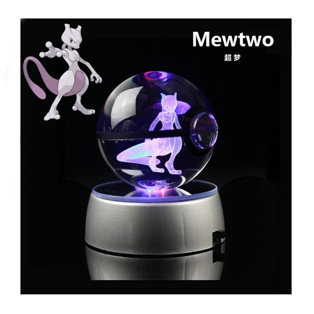 Pokemon Crystal Ball 3D Toys Snorlax Mewtwo Pikachu Figures Pokémon Engraving Model with LED Light Base Kids Gift Collectable