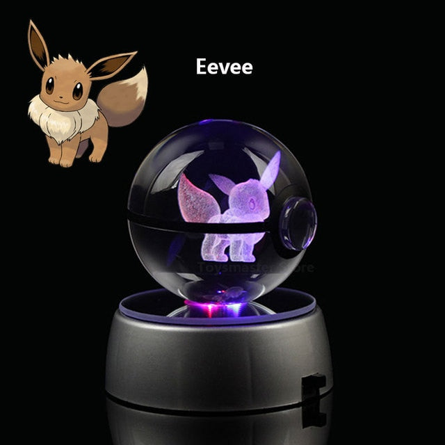 Pokemon Crystal Ball 3D Toys Snorlax Mewtwo Pikachu Figures Pokémon Engraving Model with LED Light Base Kids Gift Collectable