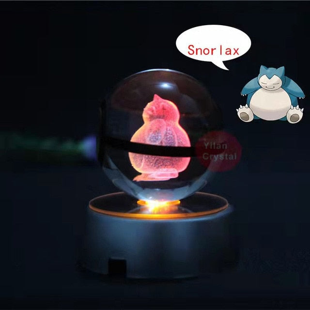 Pokemon Crystal Ball 3D Toys Snorlax Mewtwo Pikachu Figures Pokémon Engraving Model with LED Light Base Kids Gift Collectable