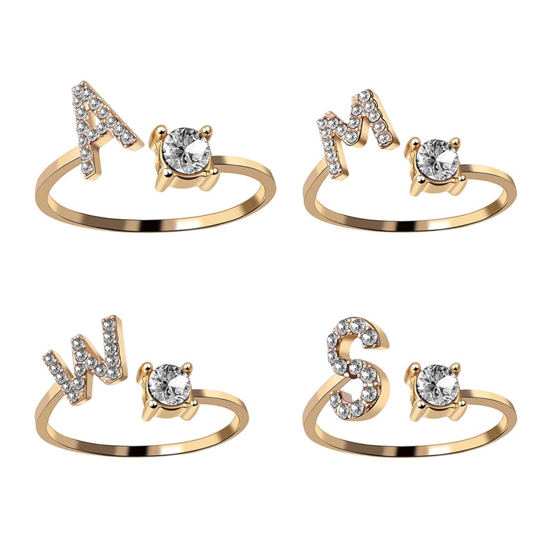 A-Z Letter Gold Color Metal Adjustable Opening Ring