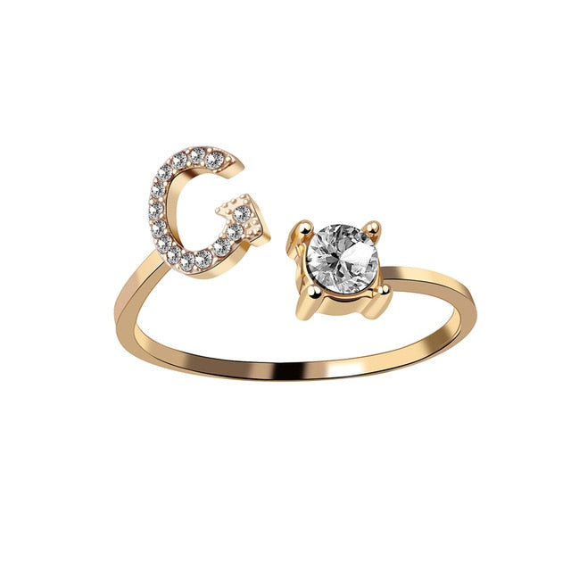 A-Z Letter Gold Color Metal Adjustable Opening Ring