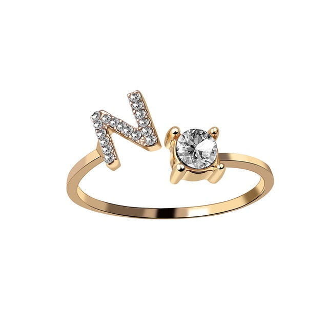 A-Z Letter Gold Color Metal Adjustable Opening Ring