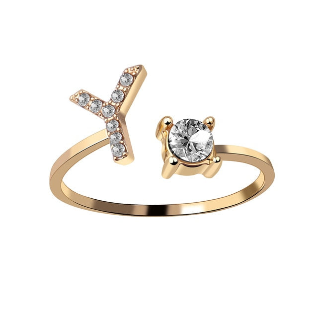 A-Z Letter Gold Color Metal Adjustable Opening Ring