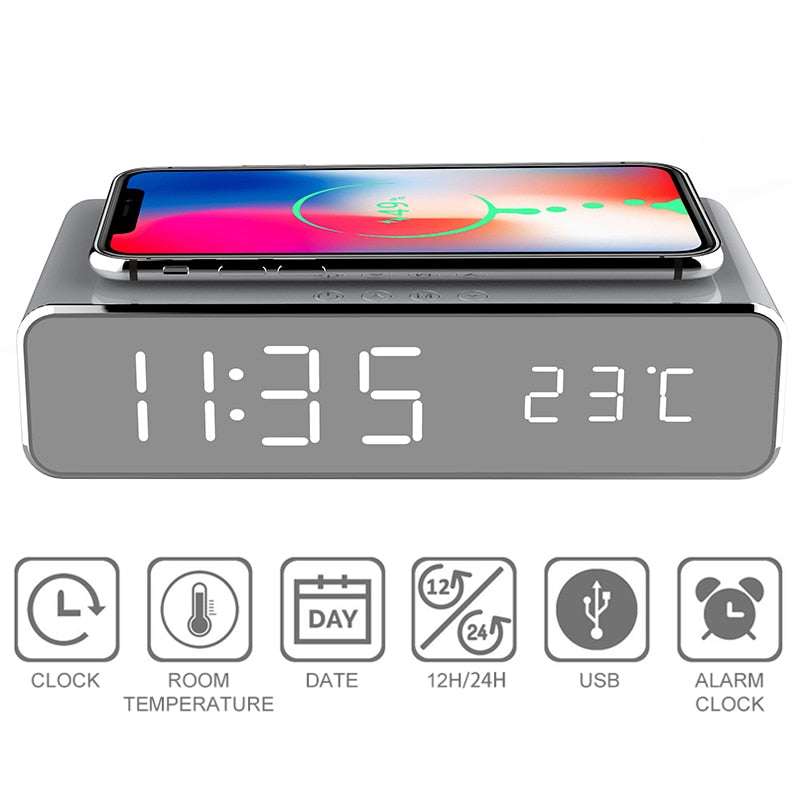 LED Electric Alarm Clock with Wireless Charger