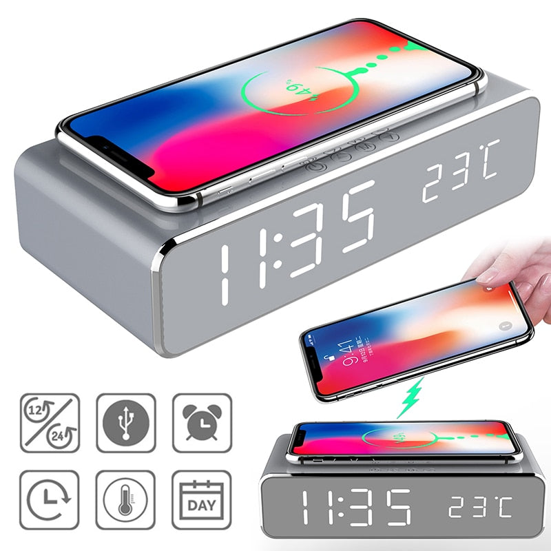 LED Electric Alarm Clock with Wireless Charger