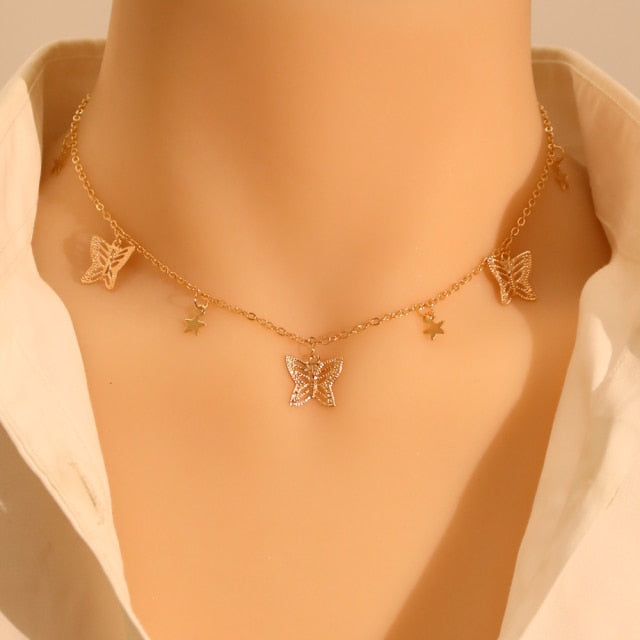 Gold Silver Color Chain Pendant Butterfly Necklace