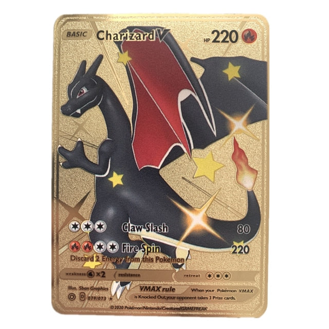 Pokemon Gold Tinfoil Card Case Gold Letter Spanish Playing Card Metalicas Charizard Vmax Gx Series Game Card Case